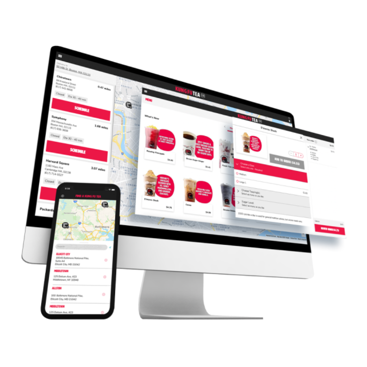 Grubhub merchant ordering platform shown across desktop and mobile